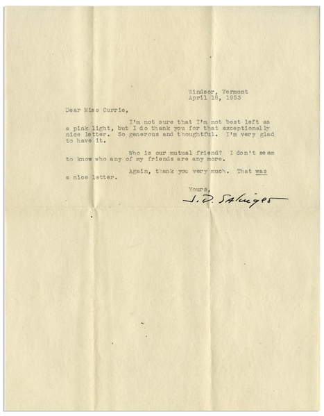 J.D. Salinger Letter Signed From 1953, ''...I don't seem to know who any of my friends are any more...'' -- Also With a Passionate 2pp. Letter to a Fellow Writer, ''...Both stories reek of talent...''